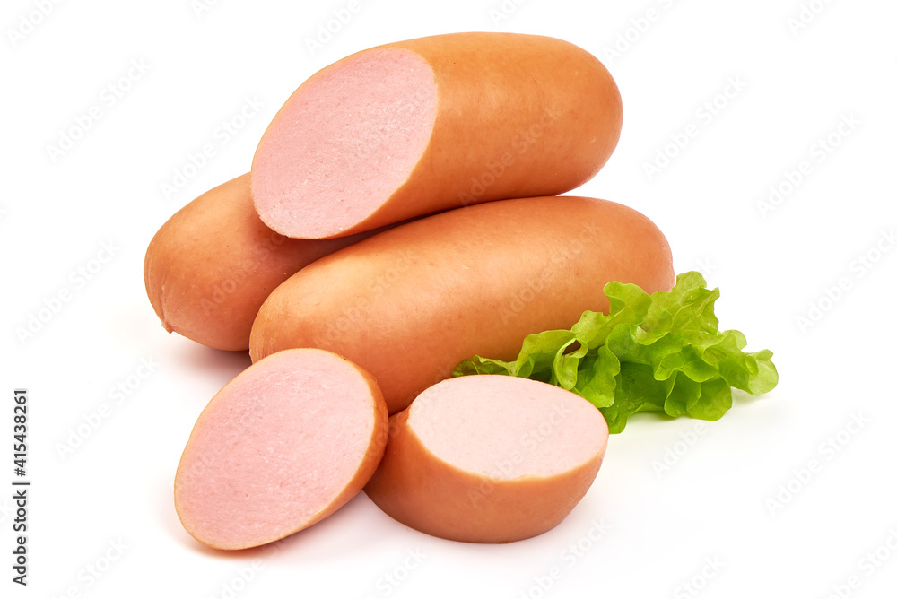 Boiled pork sausages, isolated on white background Boiled pork sausages, isolated on white background