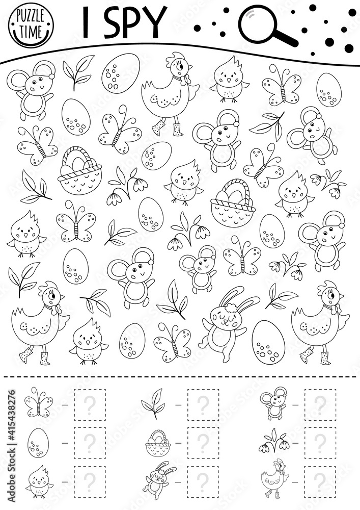 Vecteur Stock Easter black and white I spy game for kids. Outline