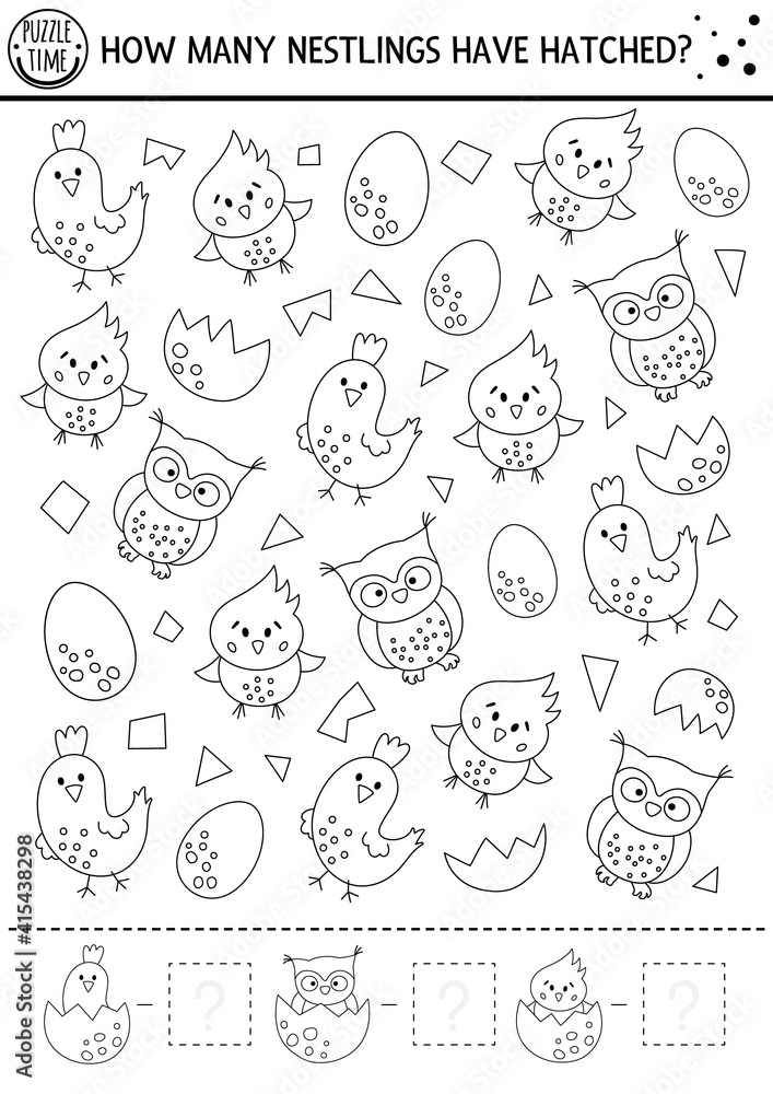 Easter black and white counting game with little birds. Outline spring math activity for preschool children. Simple printable worksheet with funny owl, chick, egg. How many nestlings hatched.