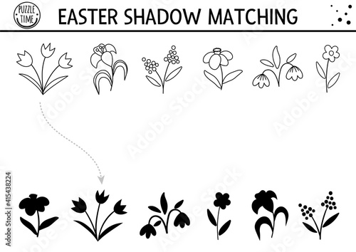 Easter black and white shadow matching activity for children. Outline spring puzzle with cute first flowers. Holiday celebration educational game for kids. Find the correct silhouette. .
