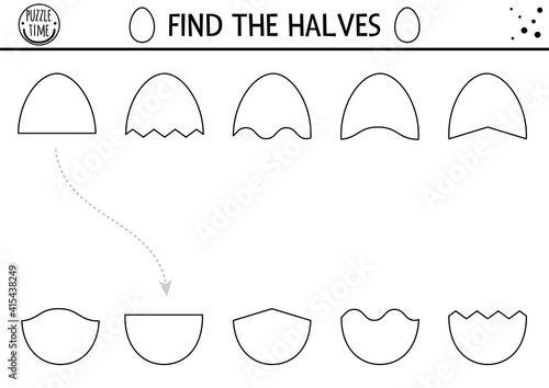 Easter black and white matching activity for children. Outline spring puzzle with eggs. Holiday celebration game, printable worksheet or coloring page for kids. Find the halves .