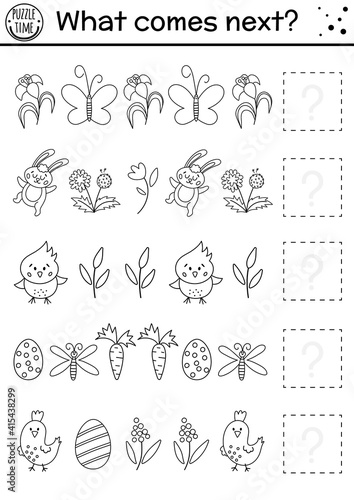 What comes next. Easter black and white matching activity for preschool children. Funny holiday puzzle. Outline logical worksheet. Continue the row. Simple spring game for kids.