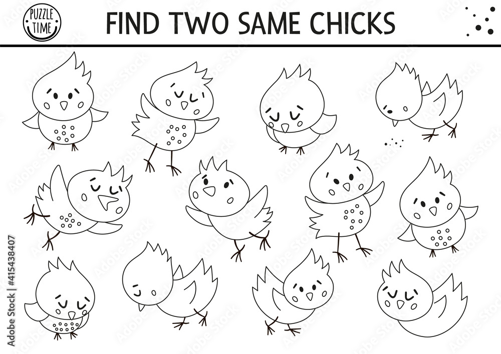 Find two same chicks. Easter black and white matching activity for children. Funny spring educational logical quiz worksheet for kids. Simple printable game or coloring page with cute chickens.