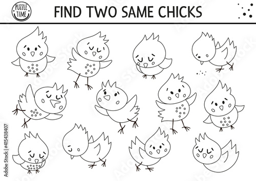 Find two same chicks. Easter black and white matching activity for children. Funny spring educational logical quiz worksheet for kids. Simple printable game or coloring page with cute chickens.