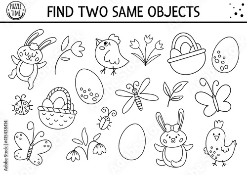 Find two same objects. Easter black and white matching activity for children. Funny spring educational logical quiz worksheet for kids. Simple printable game with cute bird, egg, bunny, basket