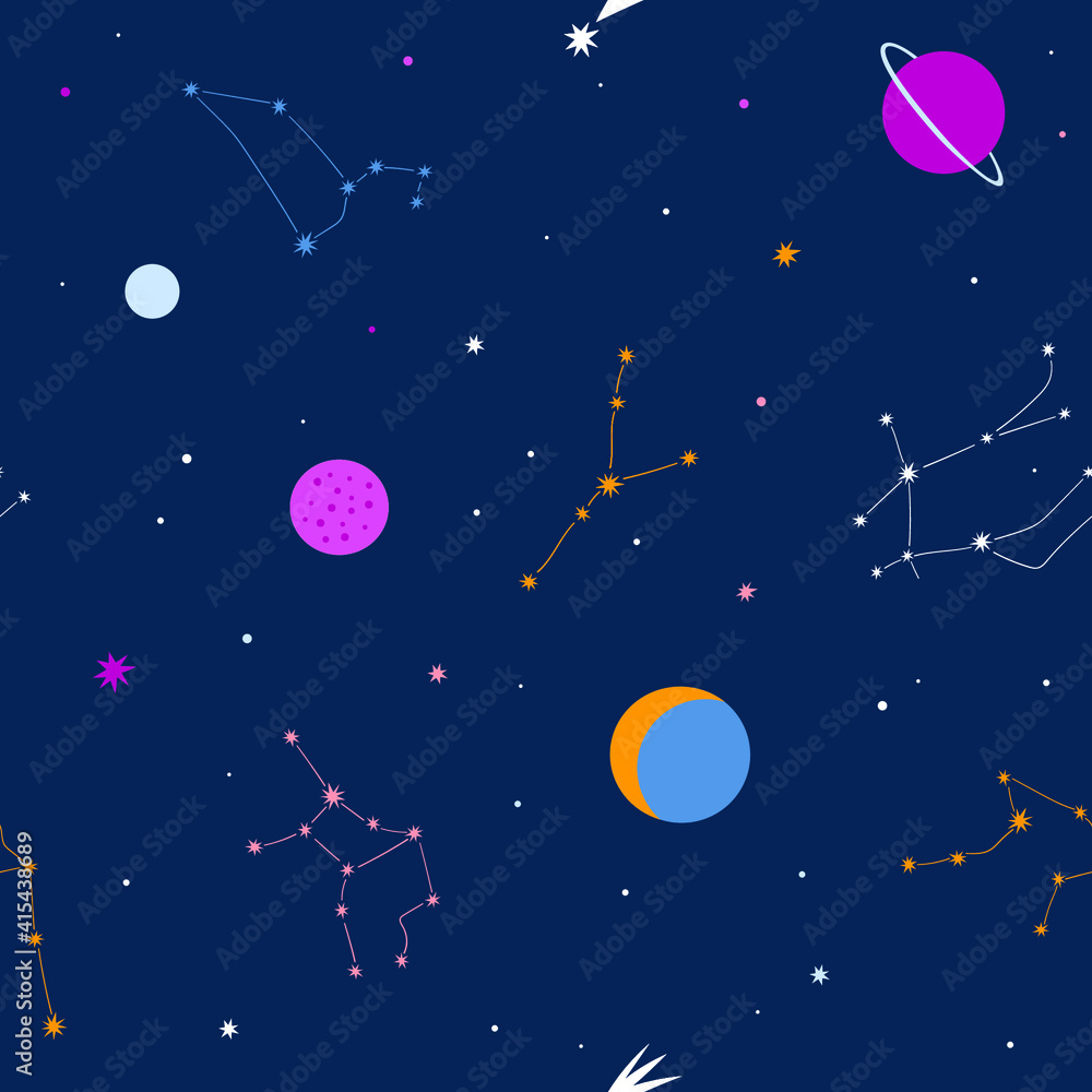 Seamless cosmic pattern with colourful planets, stars and zodiac constellations on blue background.