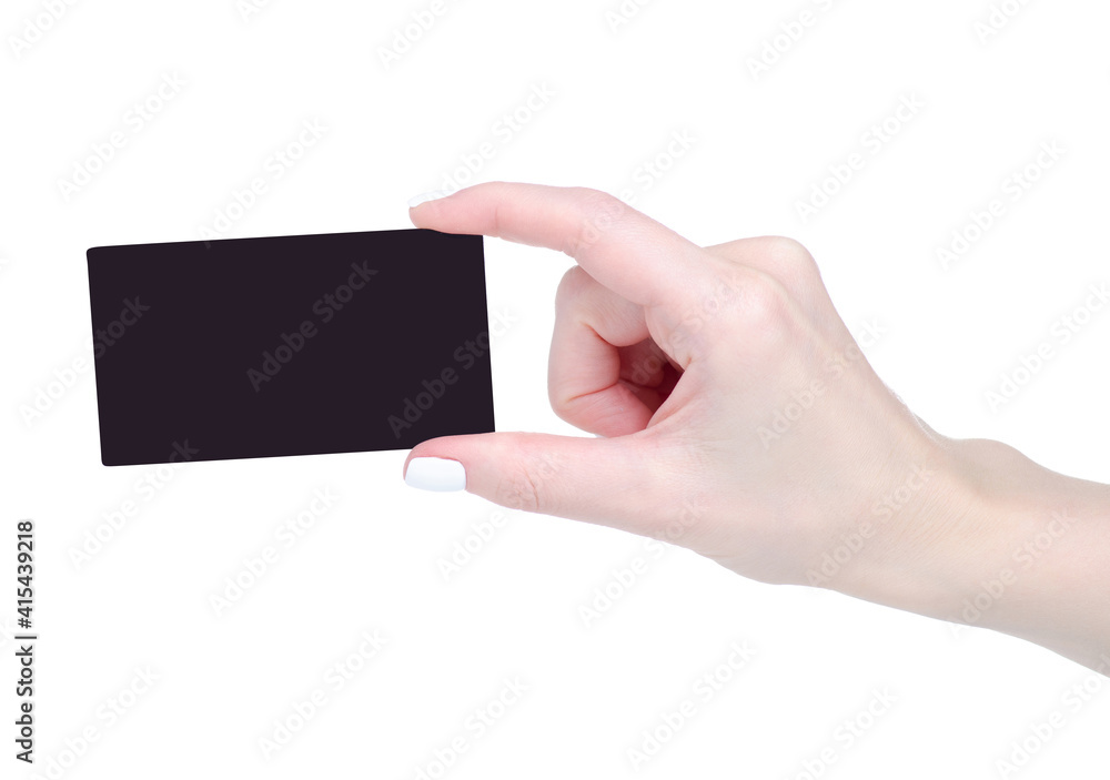 Blank paper business card in hand on white background isolation Blank paper business card in hand on white background isolation