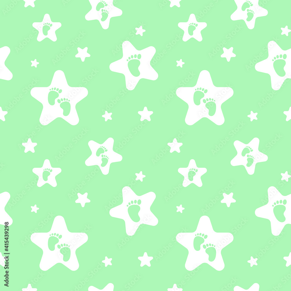 Seamless pattern with white stars and baby feet on green background. Funny cute endless backdrop vector illustration Seamless pattern with white stars and baby feet on green background. Funny cute endless backdrop vector illustration