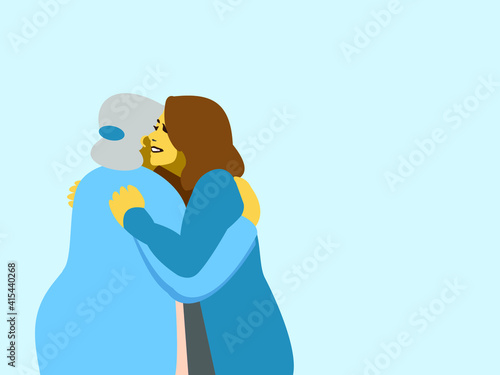 Young woman is hugging her senior mother.
Happy smiling adult daughter standing smiling and embracing her old mother enjoying being together. Concept of tenderness, care, family love, relationships. 