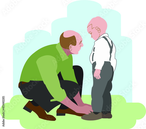 Father tying shoelaces to his son.
A man in a shirt and trousers squatting tying the laces of a toddler boy in a smart white shirt and trousers with suspenders. Flat vector conceptual illustration 