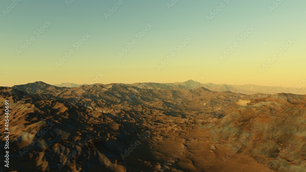 realistic surface of an alien planet, view from the surface of an exo-planet, canyons on an alien planet, stone planet, desert planet 3d render