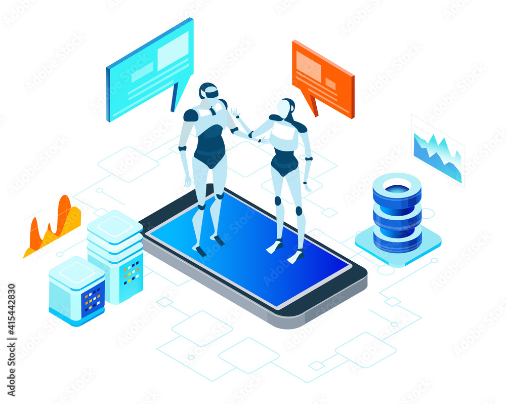 Isometric 3D business environment. Robots and artificial intelligence concept infographic. Robots working in server room, big data. Human VS robots Isometric 3D business environment. Robots and artificial intelligence concept infographic. Robots working in server room, big data. Human VS robots