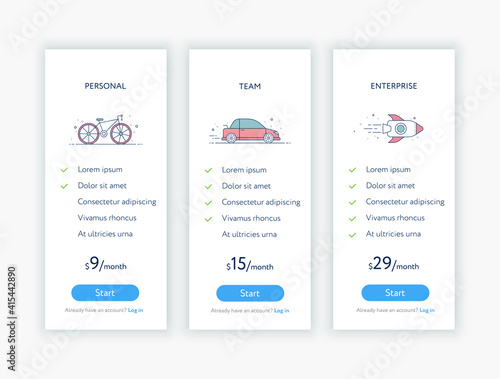 Vector pricing table for three products or services. Interface design