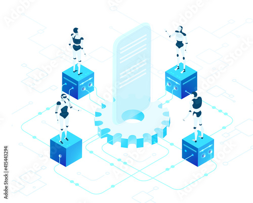 Isometric 3D business environment. Robots and artificial intelligence concept infographic. Robots working in server room,  big data.  Human VS robots