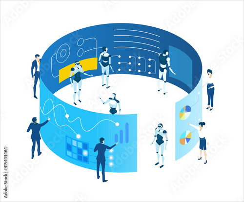 Isometric 3D business environment. Robots and artificial intelligence concept. Business people working together with robots. Human VS robots