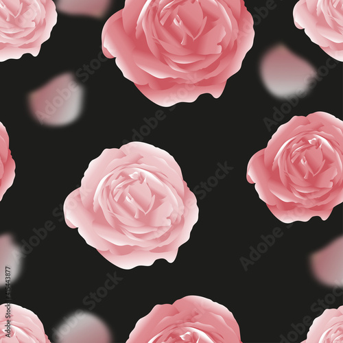 Seamless 3d English rose with petals on black background,Pink flowers pattern with blurry petals flying, Endless classic design of flora for fabric or wrapping paper,Spring or Summer floral background