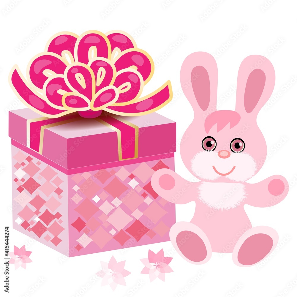 pink bunny with a gift box. a greeting card. children's poster. pink bunny with a gift box. a greeting card. children's poster.