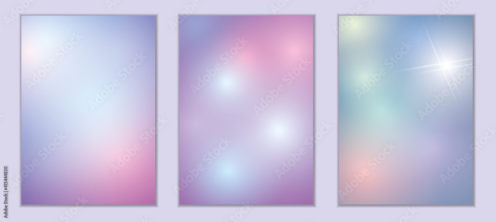 Set of geometric backgrounds in A4 format. The covers are soft pink, blue, purple. Colored highlights.