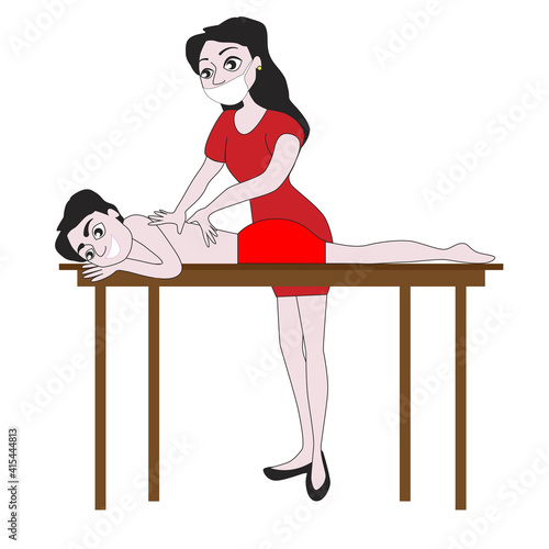 A girl masseur conducts a massage session for a guy.