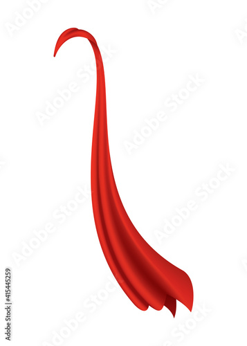 Superhero red cape. Scarlet fabric silk cloak in side view. Carnival or masquerade dress. Realistic costume design. Silk flying cape