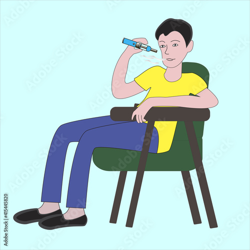 The guy sits in a chair and smokes an electronic cigarette.