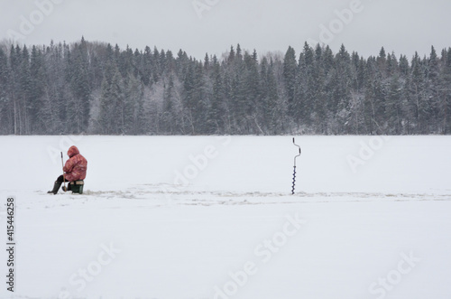 December, 2020 - Shia. Fishermen on the lake. Winter fishing. Winter holidays. Russia, Arkhangelsk region 