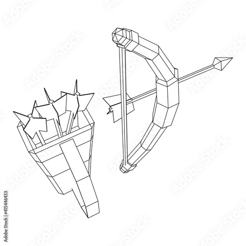 Medieval Bow and arrow archer weapon. Wireframe low poly mesh vector illustration.