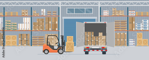 Delivery truck and forklift truck in warehouse hangar interior. Warehouse Equipment, cargo delivery, storage service. Vector illustration.
