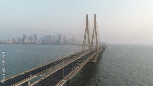 An aerial drone shot of the Bandra Worli Sea link during Covid-19 lockdown in Mumbai,India photo