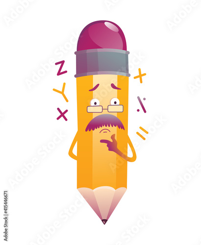 Pencil cartoon. Cute humanized pencil character with arms and face emoji illustration. Thinking process