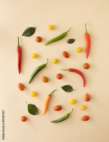 .Fresh jucy vegetables. Fresh  chilli, fresh tomato various shapes shapes and different species. Pastel background. Minimal flat lay concept of healthy food.