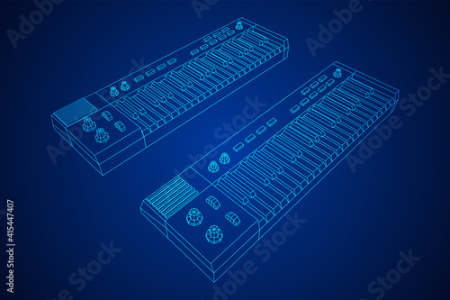 Piano roll analog synthesizer faders buttons knobs. Wireframe low poly mesh vector illustration.