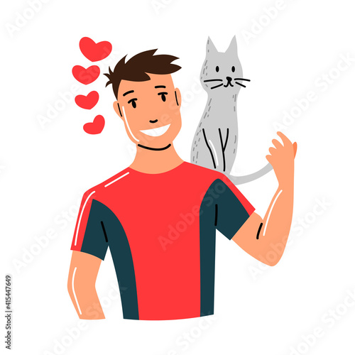 People and pet. Cat pet owner character. Man with a cat on his shoulders. Man love his animal. Cute and adorable domestic animal