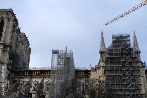 The 20th February 2021, the scaffoldings and the yellow crane of Notre Dame de Paris during reconstruction work.