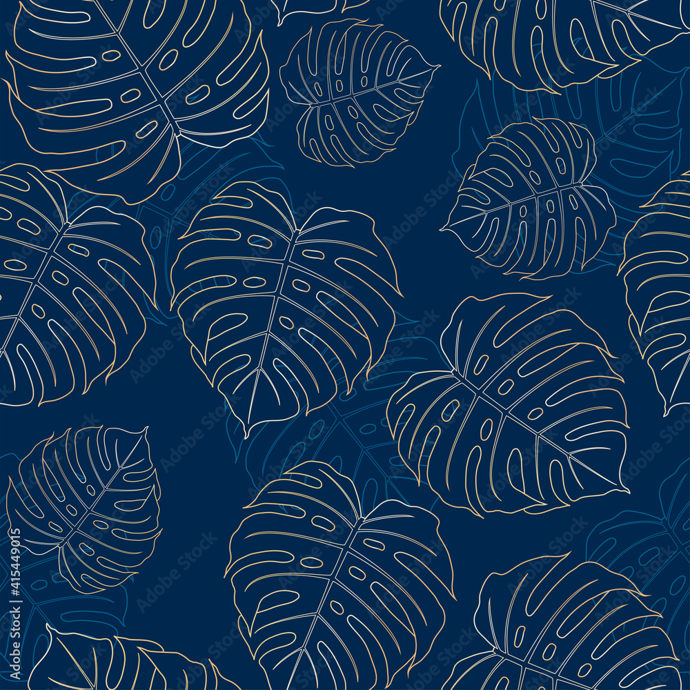 Fototapeta premium Luxurious tropical leaves with golden outline on a dark blue background.