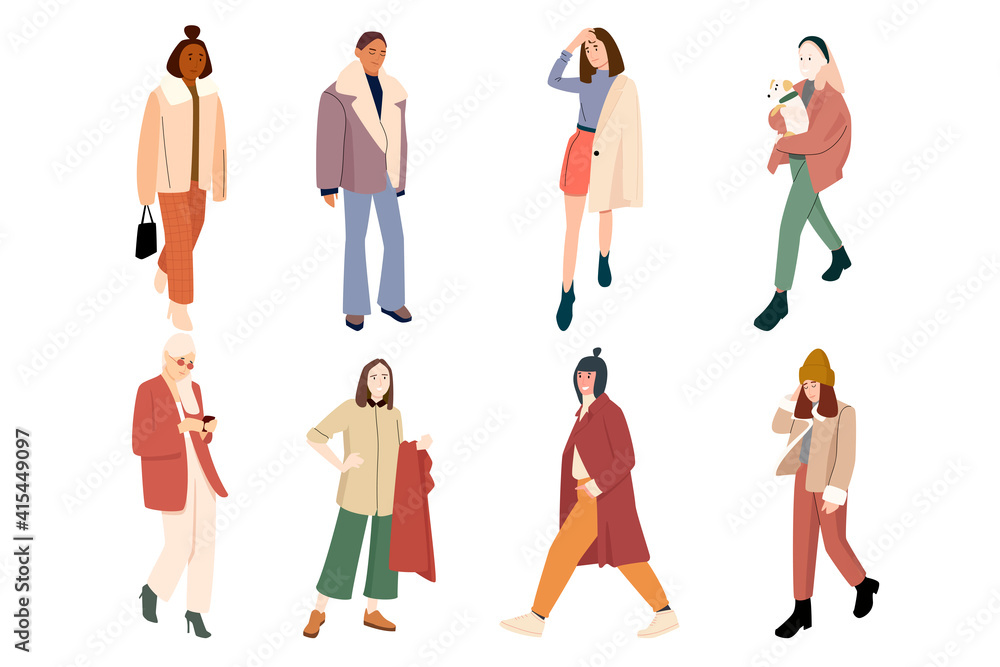 set of women in trendy clothes set of women in trendy clothes