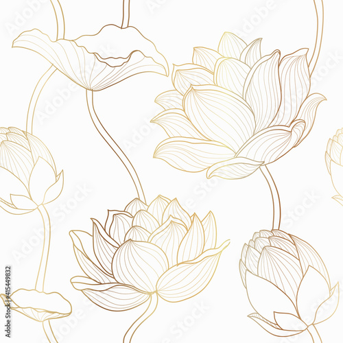 Luxury lotus seamless wallpaper design vector, Gold lotus line flowers seamless pattern for packaging background, print