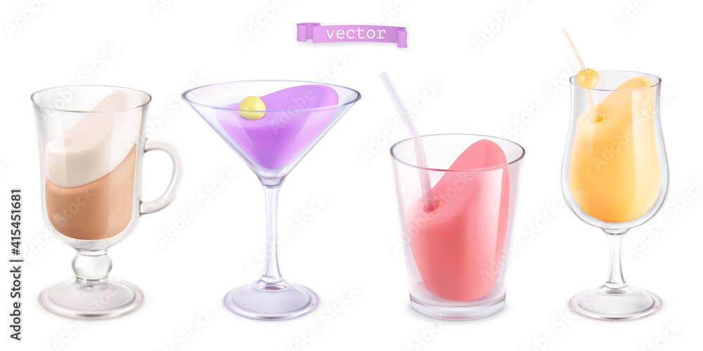 Cocktail in a transparent glass. 3d vector icon set Cocktail in a transparent glass. 3d vector icon set