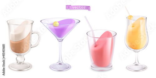 Cocktail in a transparent glass. 3d vector icon set
