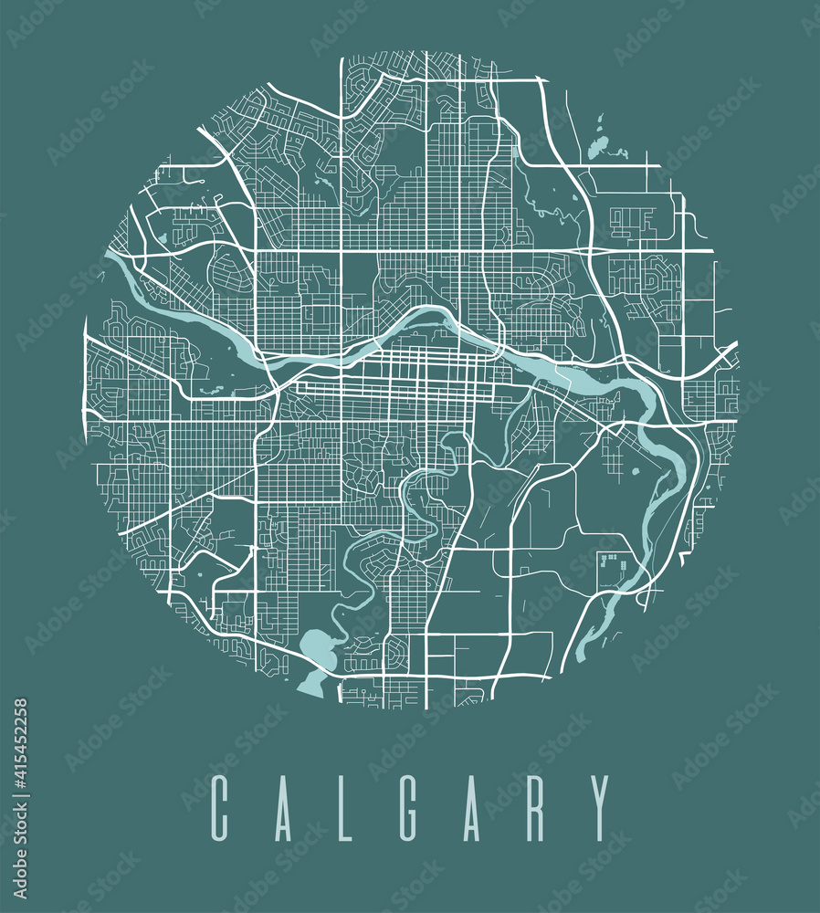Calgary map poster. Decorative design street map of Calgary city, cityscape aria panorama. - obrazy, fototapety, plakaty 