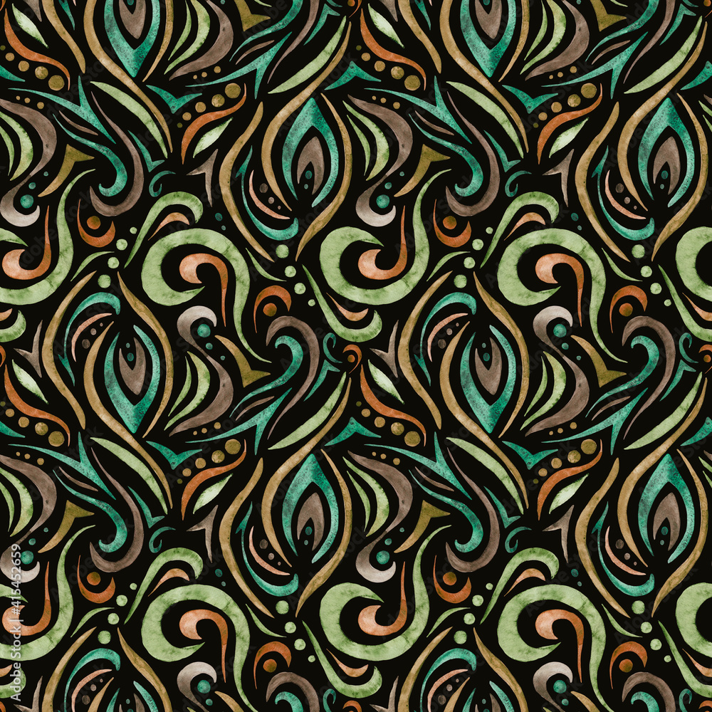 Hand-drawn waves seamless pattern  on a dack background. Abstract watercolor background in a diamond pattern