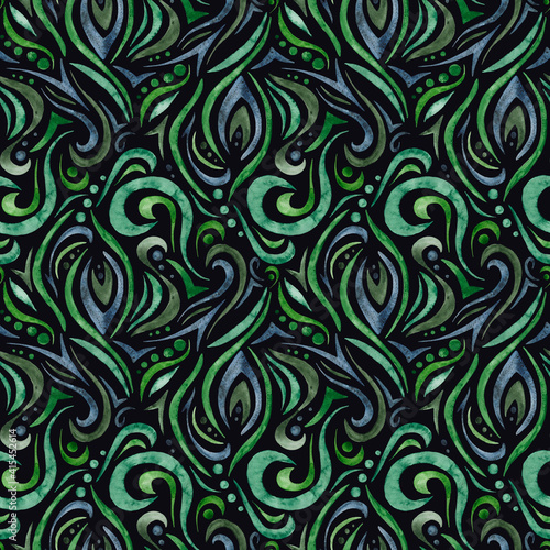 Hand-drawn waves seamless pattern  on a dack background. Abstract watercolor background in a diamond pattern