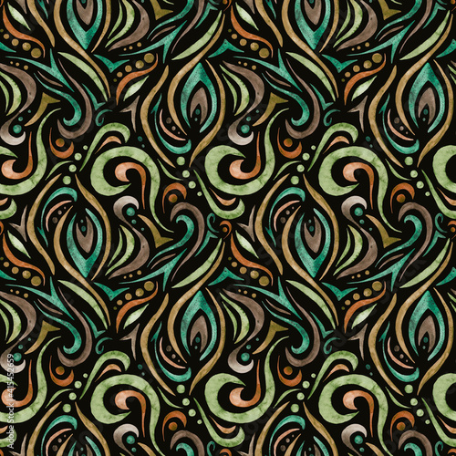 Hand-drawn waves seamless pattern on a dack background. Abstract watercolor background in a diamond pattern