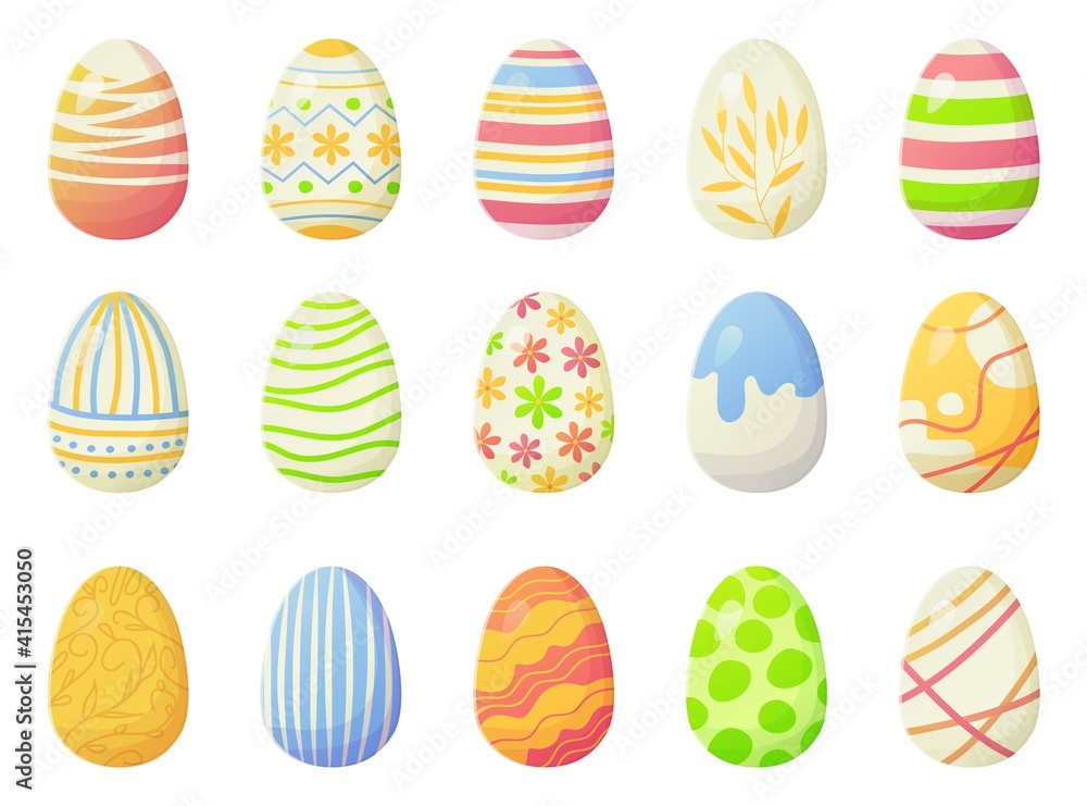 Modern bright gradient Easter eggs set with lines, dots and other ornates. Easter holiday, egg hunt concept. Stock vector illustration isolated on white background in flat cartoon style