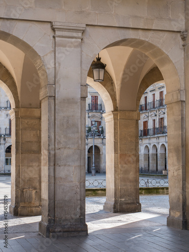 Detail view of Spain Square ("Plaza de Espana", aka New Square or "Plaza Nueva") in Vitoria, Basque Country, Spain