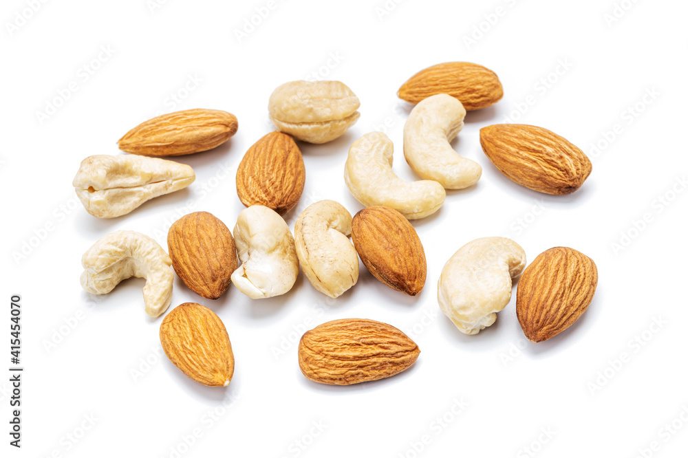 cashew and almond nuts isolated on white background. nuts variation cut out cashew and almond nuts isolated on white background. nuts variation cut out