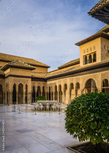 the finely decorated court of the Lions ("Patio de los Leones"), at the heart of the Alhambra, a moorish citadel in Granada, Andalusia (Spain)