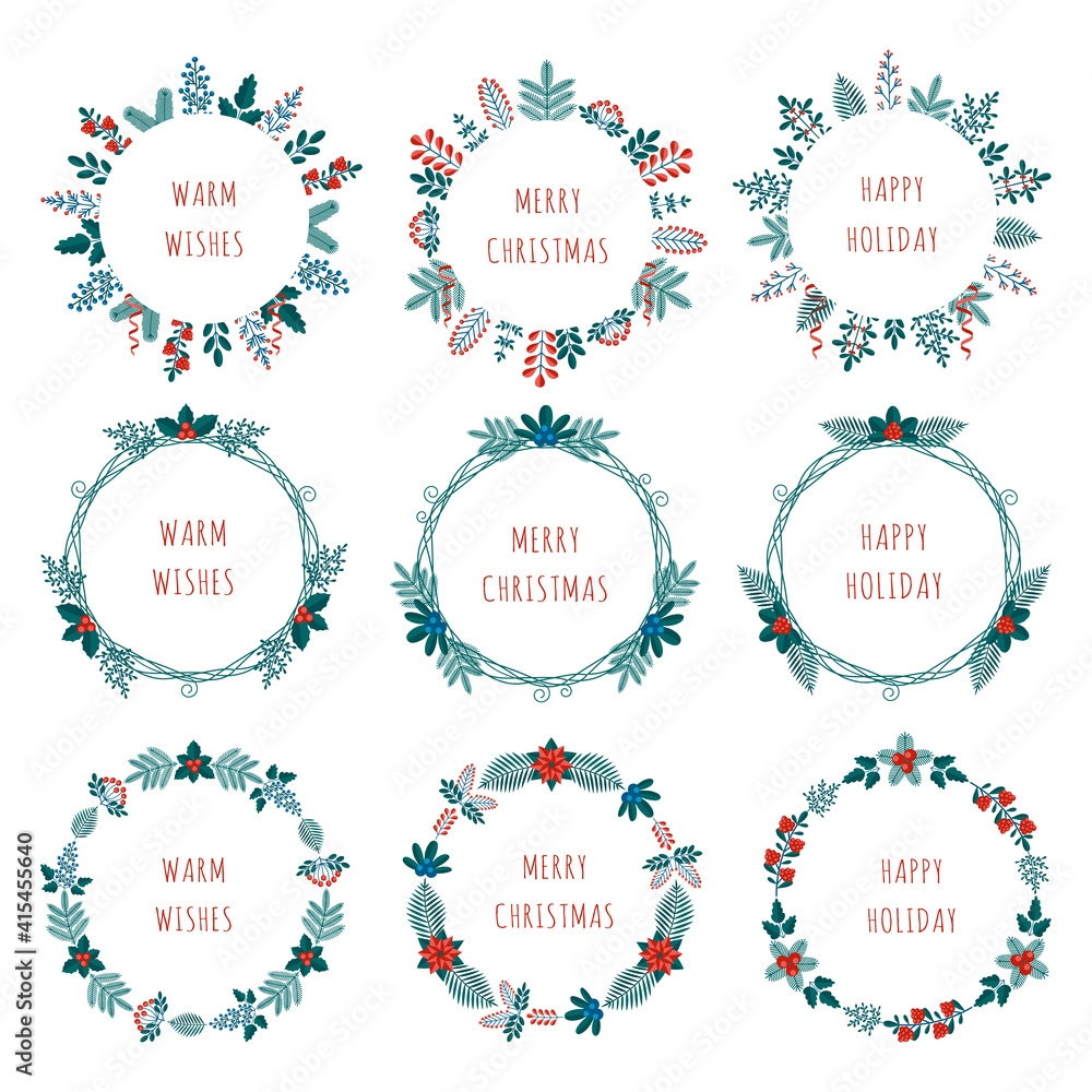 Merry Christmas collection of nine greeting cards with winter plants frame - wreath in flat style. Stock vector illustrations with botanical symbols of holiday - pine, cone, berry in red, green colors Merry Christmas collection of nine greeting cards with winter plants frame - wreath in flat style. Stock vector illustrations with botanical symbols of holiday - pine, cone, berry in red, green colors