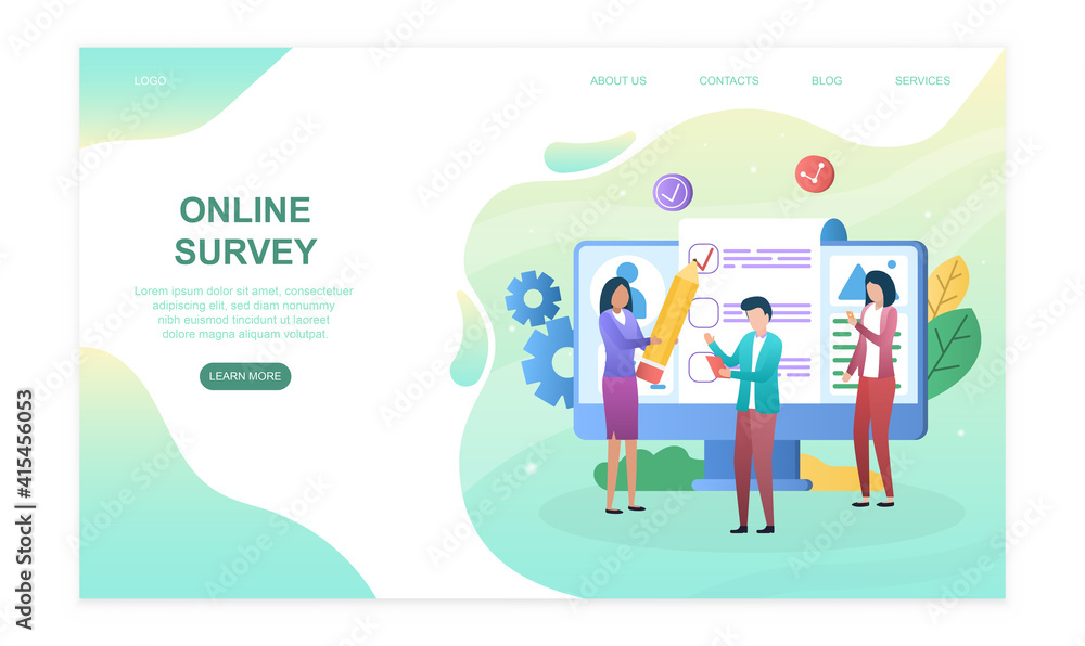 Male and female characters are passing online survey on computer. Concept of statistical software to provide analytics. Website, web page, landing page template. Flat cartoon vector illustration
