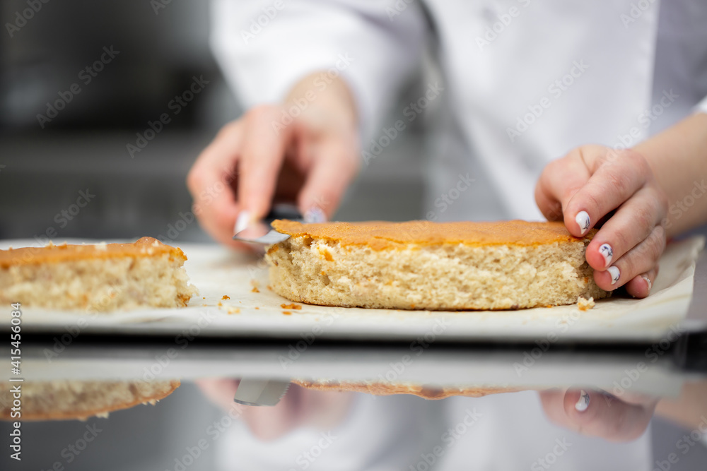 Pastry chef cuts a biscuit to assemble the cake Pastry chef cuts a biscuit to assemble the cake